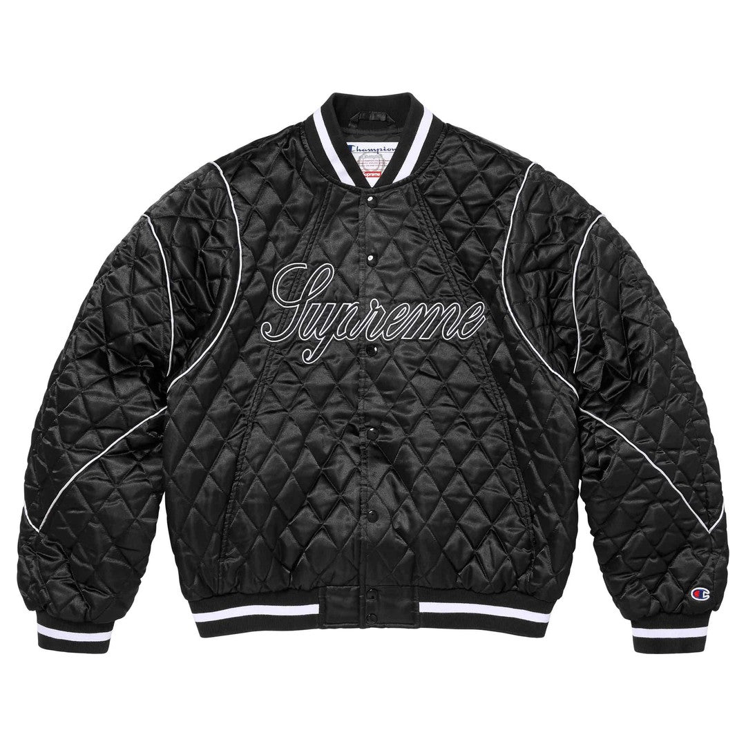 Supreme Champion Quilted Satin Varsity Jacket Black